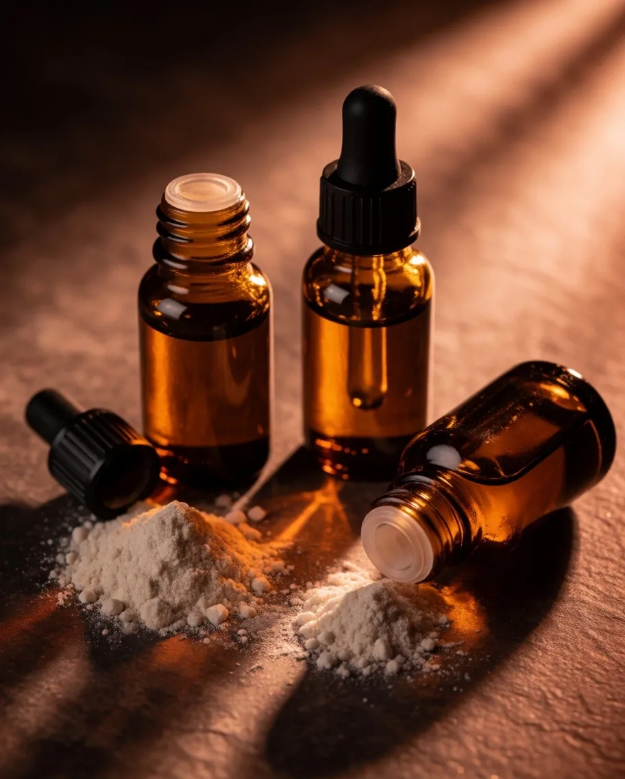 Supplement ingredients displayed as mineral specimens under raked light
