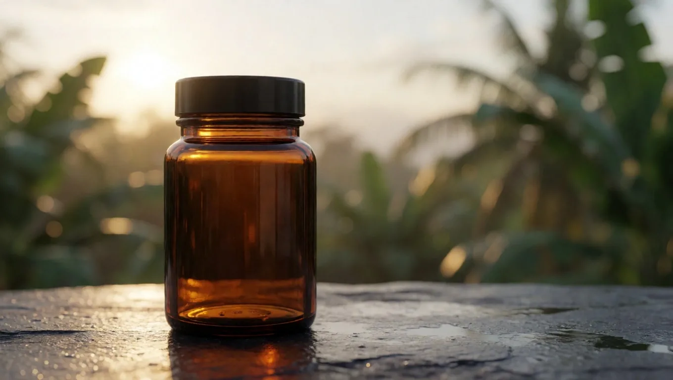 Supplement capsules on dark stone under raked mineral light