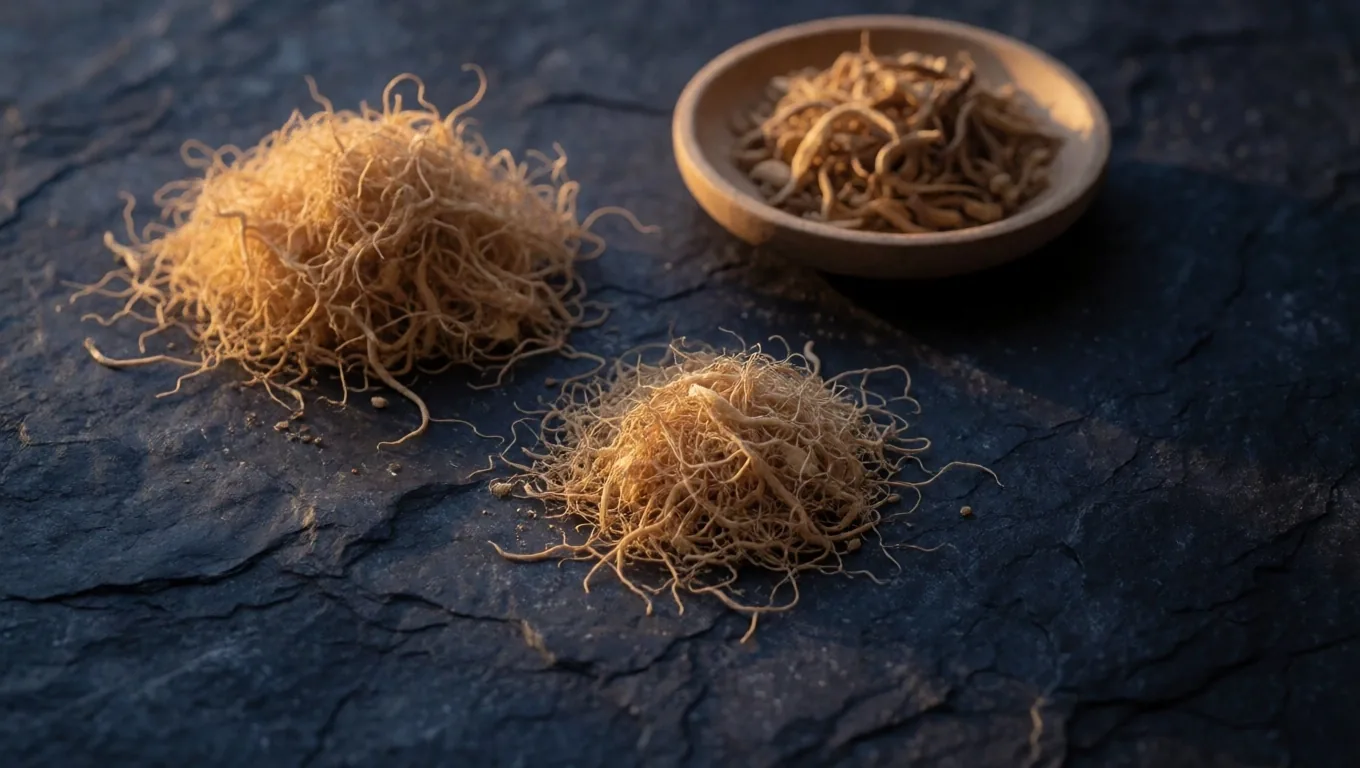 Ashwagandha root and cordyceps mushroom on dark stone