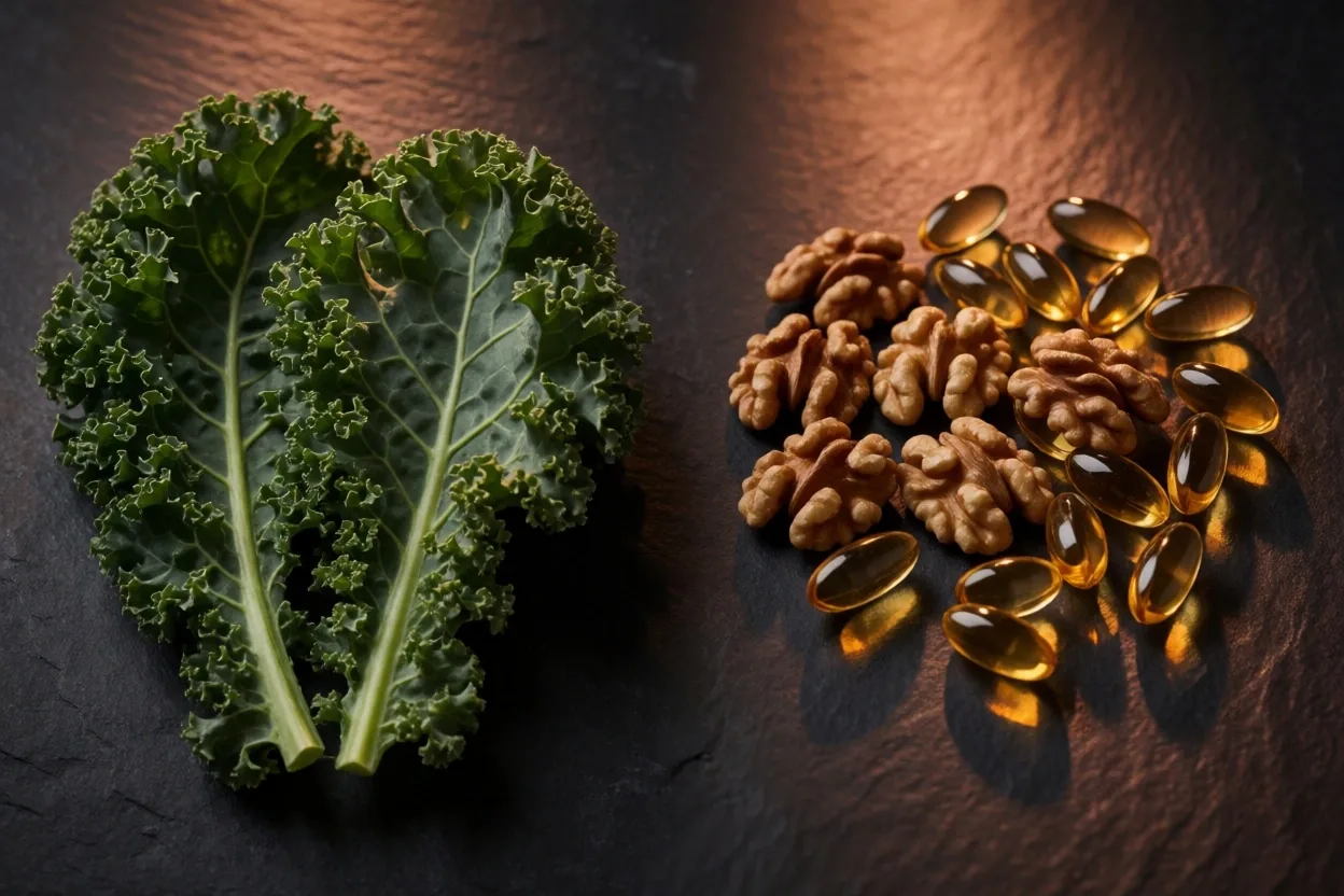 Whole foods and supplement capsules compared on dark stone