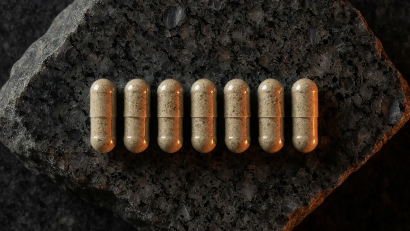 Natural supplement capsules photographed as mineral specimens on dark stone