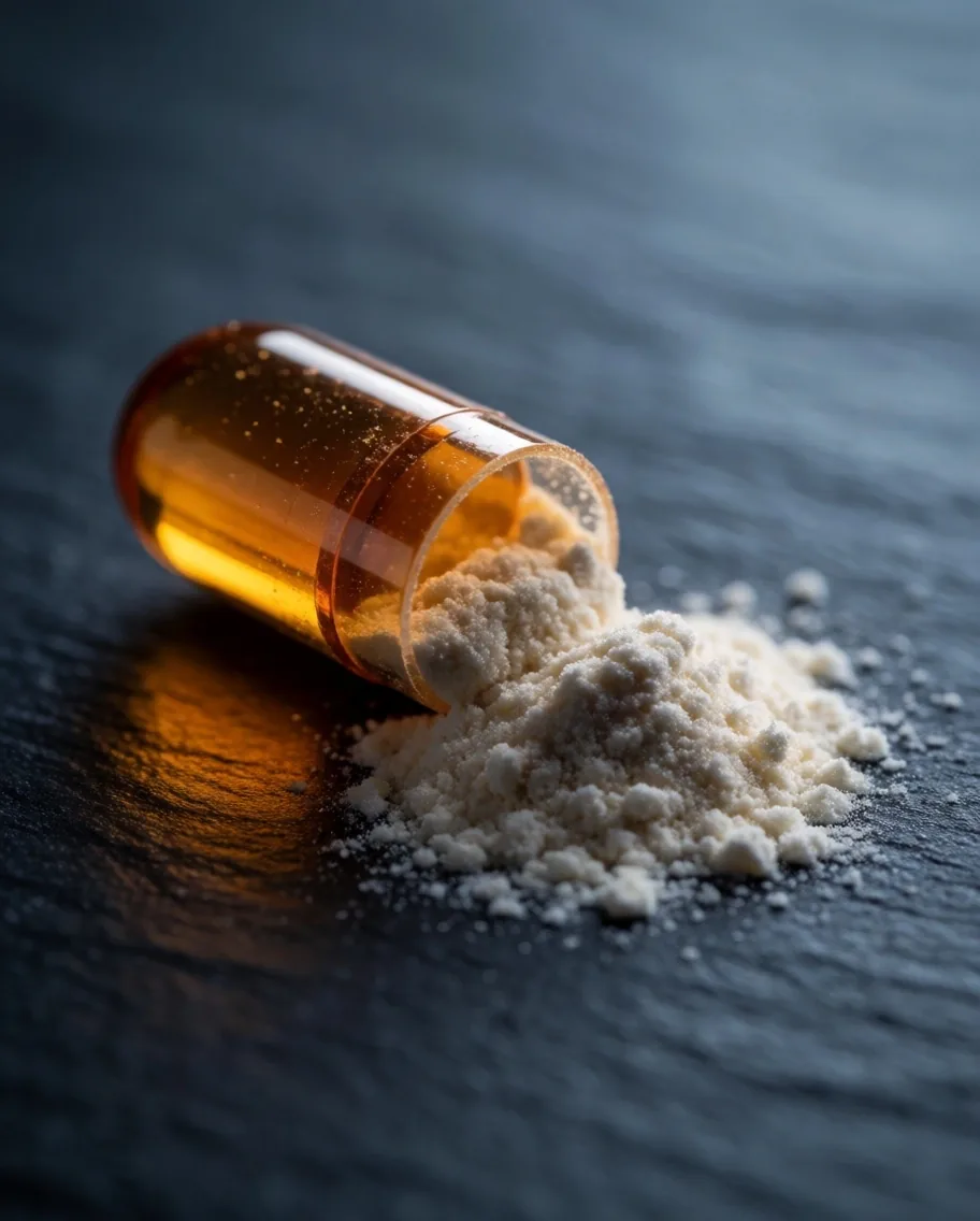 A B-vitamin capsule split open showing powder interior