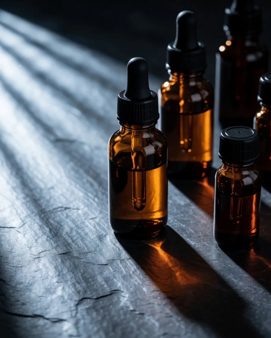 Amber tincture bottles under raked light on dark stone