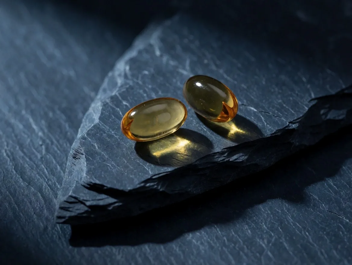 Vitamin D3 and K2 softgel capsules on dark stone