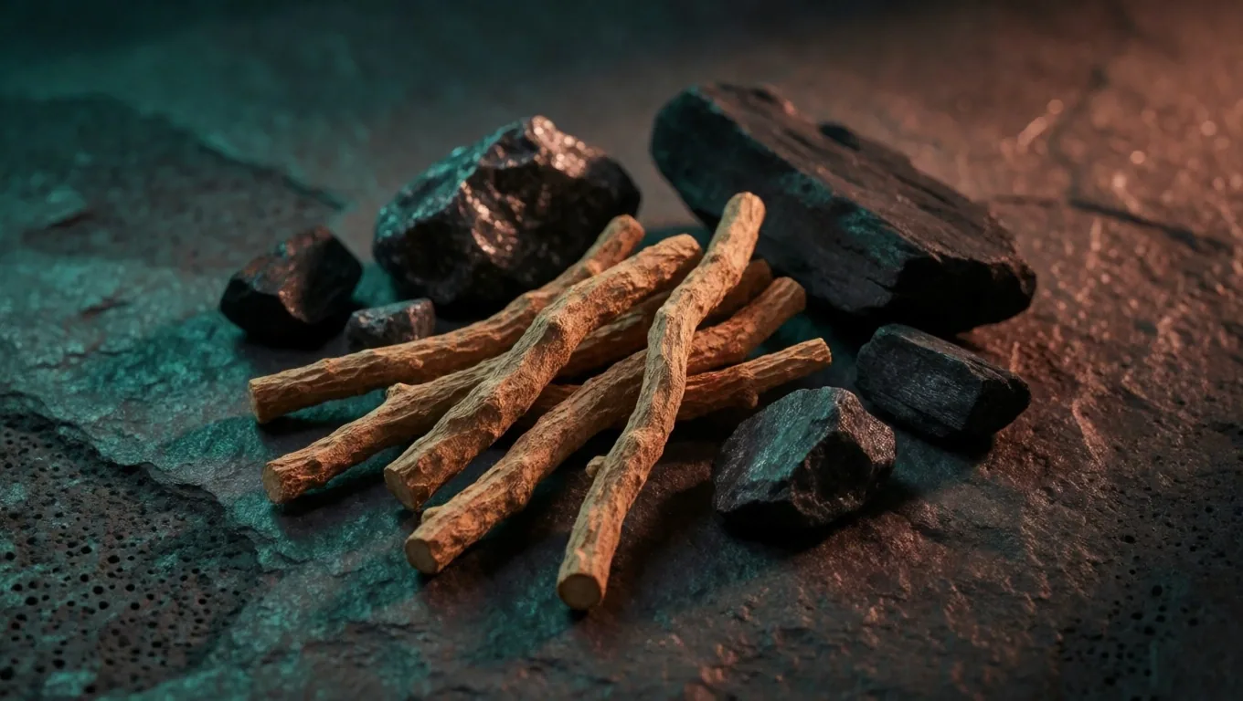 Mineral and botanical supplement specimens under raked light