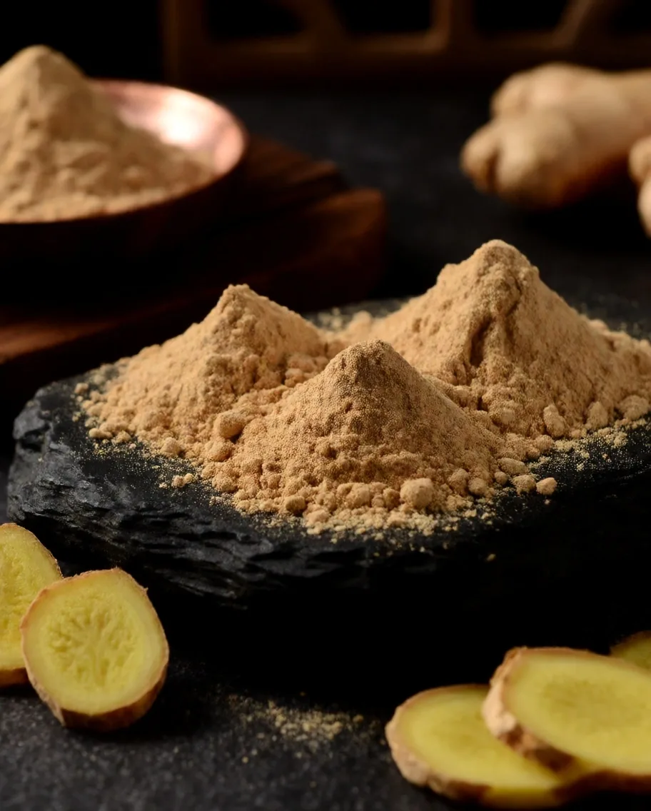 Ginseng root and botanical powder on dark surface