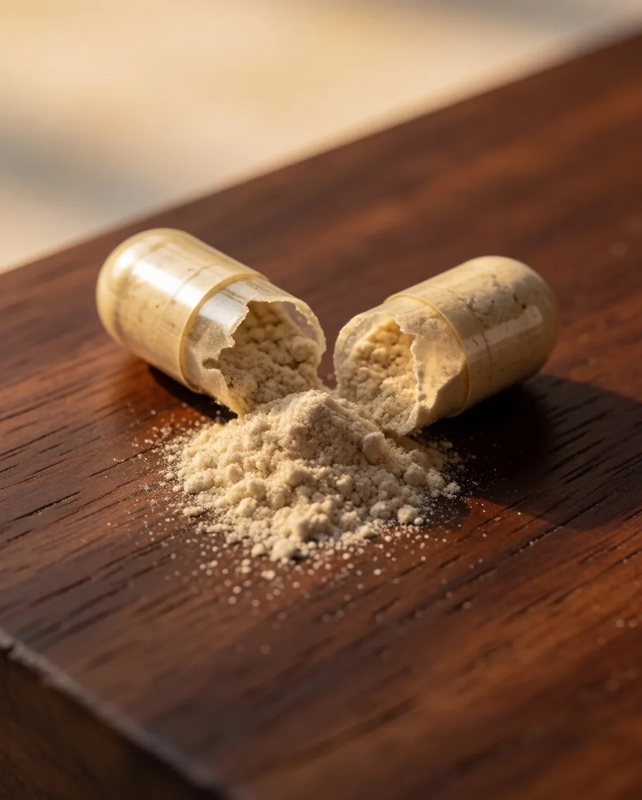Split supplement capsule showing powder interior